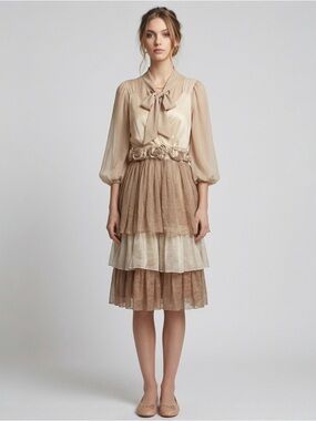 Pretty Angel Cream Tan Tiered Chiffon Fairy Dress Boho Festival Romantic XL
